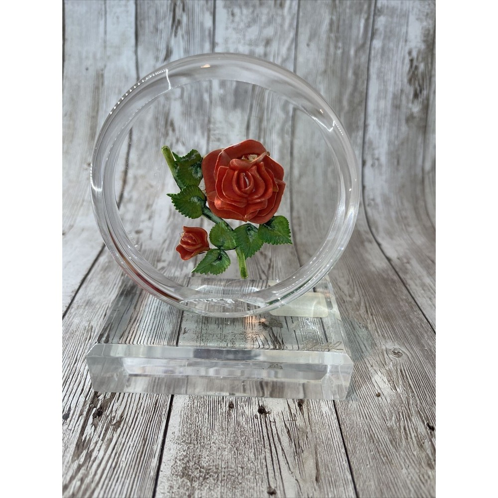 Vintage Rolf Wald Reverse Carved Acrylic Paperweight 3D Rose Lucite Flower